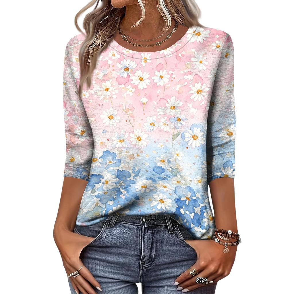 Women's Casual Floral Print Round Neck Three Quarter Sleeve Top Lightweight Comfortable Fit Suitable for Everyday Wear