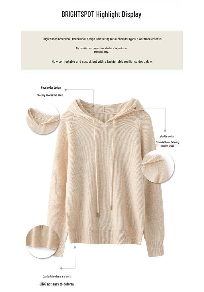 Women's Slim Fit Hooded Wool Cardigan Sweater - Knitted Long Sleeve Versatile Pullover Base Layer