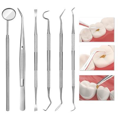 6pcs Dental Cleaning Tools Set Mouth Mirror Stainless Steel Tweezers Elbow Probe Dentists Instrument Teeth Whitening Dentistry