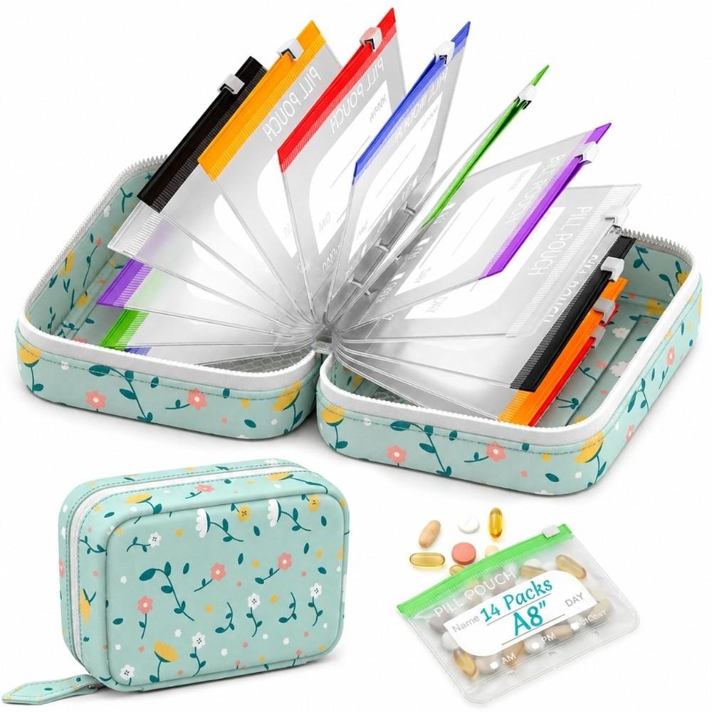 with14 Zippered Pouches Pill Pouch Organizer BPA-Free Medicine Case Daily Travel