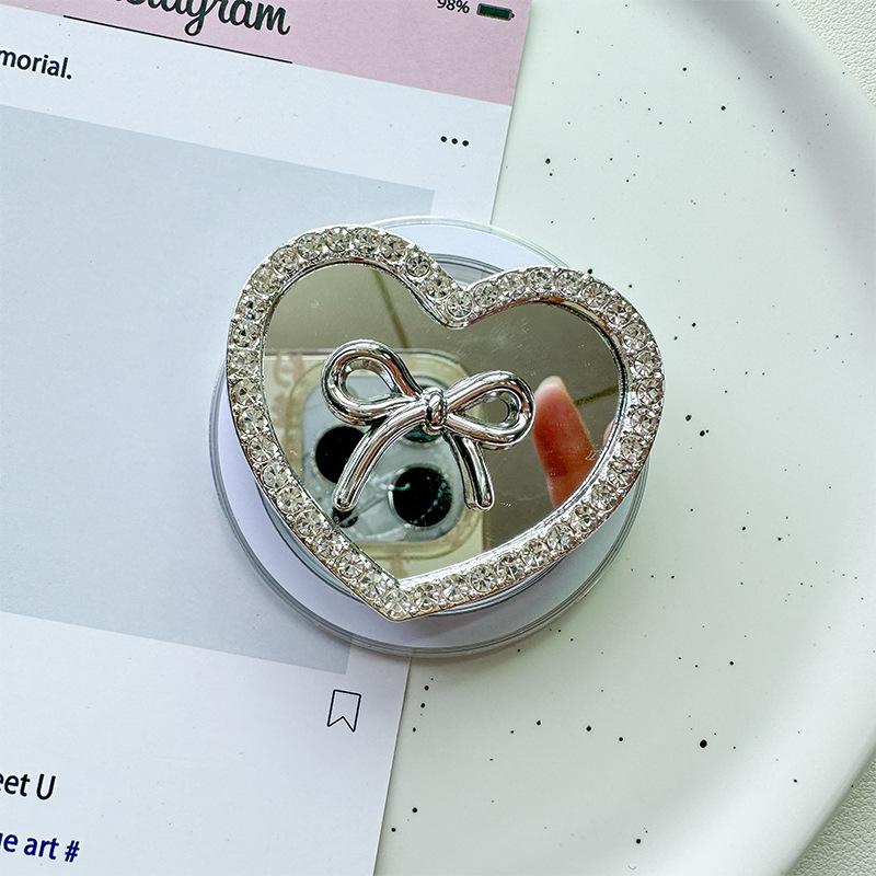 Rhinestone Bow Love Round Flower Mirror Mobile Phone Airbag Holder Magnetic Retractable Desktop Support Holder
