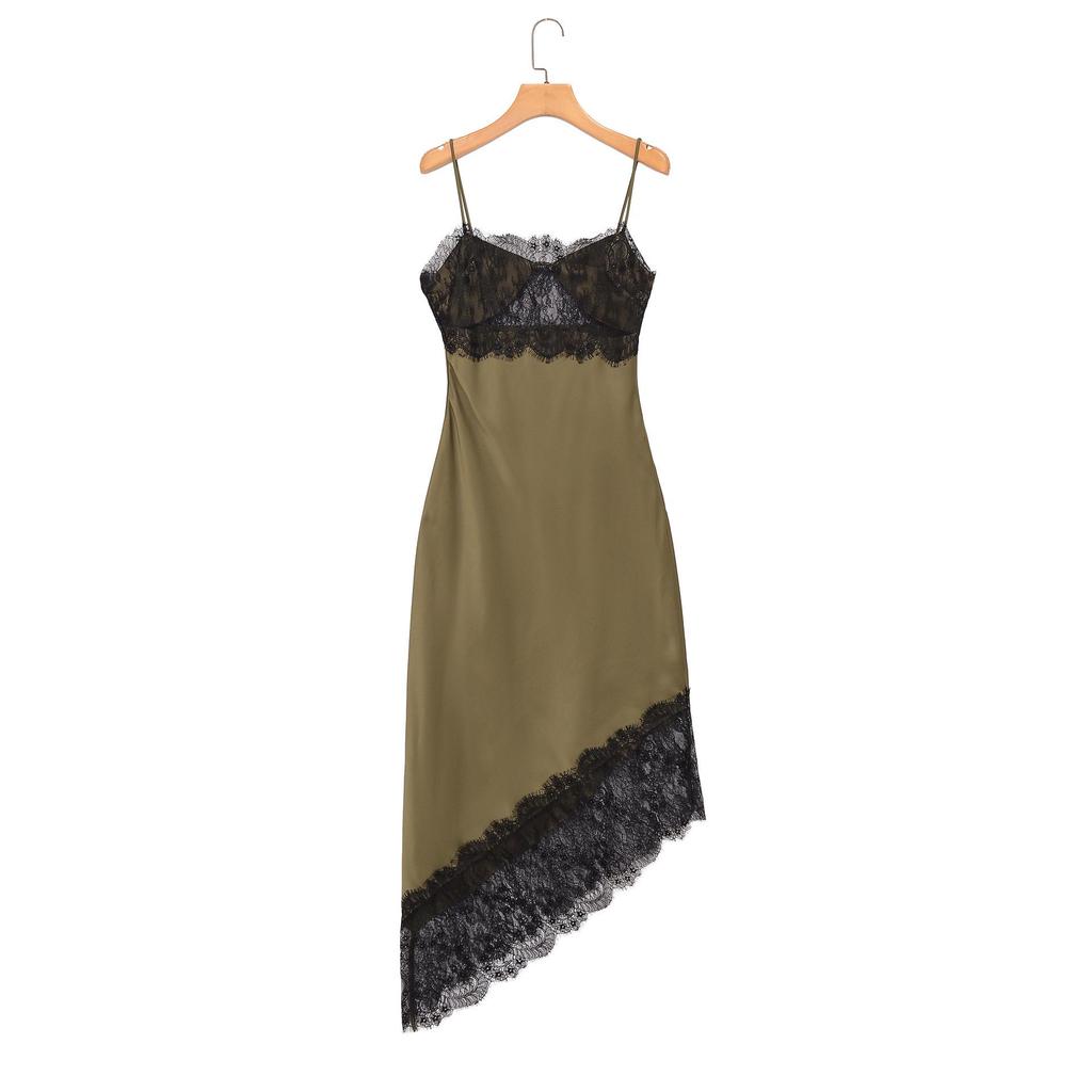 2026 Spring Women's European & American Satin Lace Asymmetrical Camisole Dress