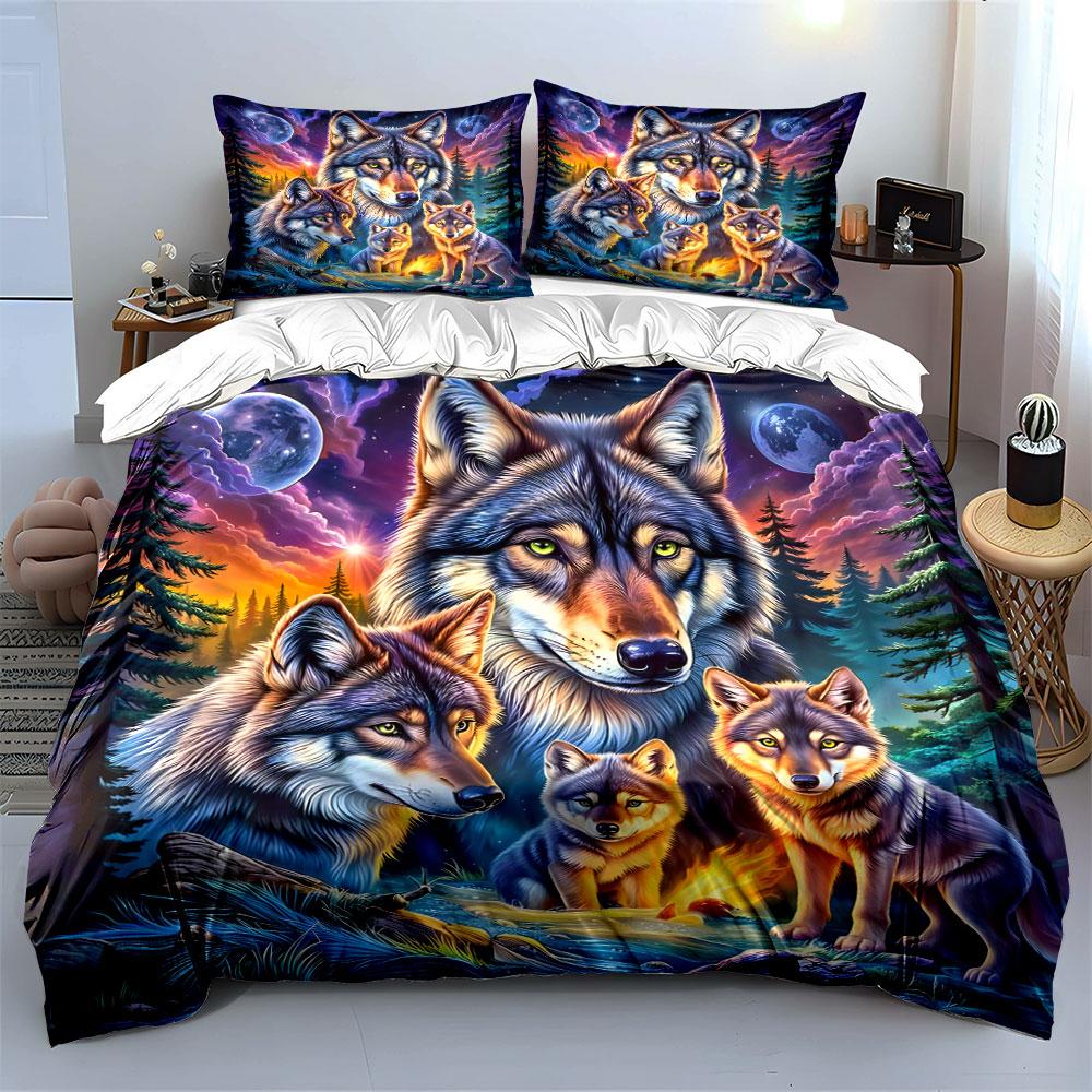 Mystical Wolves In Moonlit Forest Bedding Duvet Cover Set (1*Duvet Cover 2*Pillowcases, Without Duvet Insert)