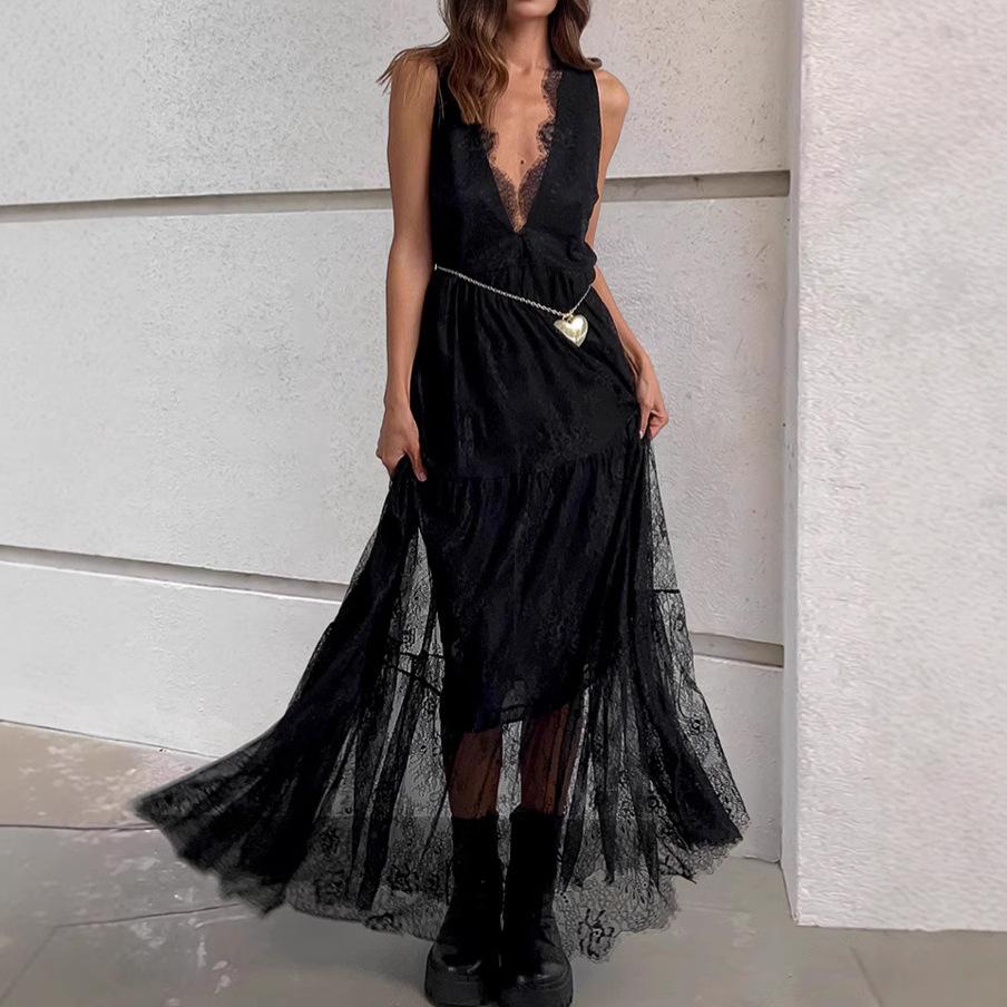 

Women s Fashion Sleeveless Long Dress Pocket V Neck Print Casual Vintage Dress L чёрный