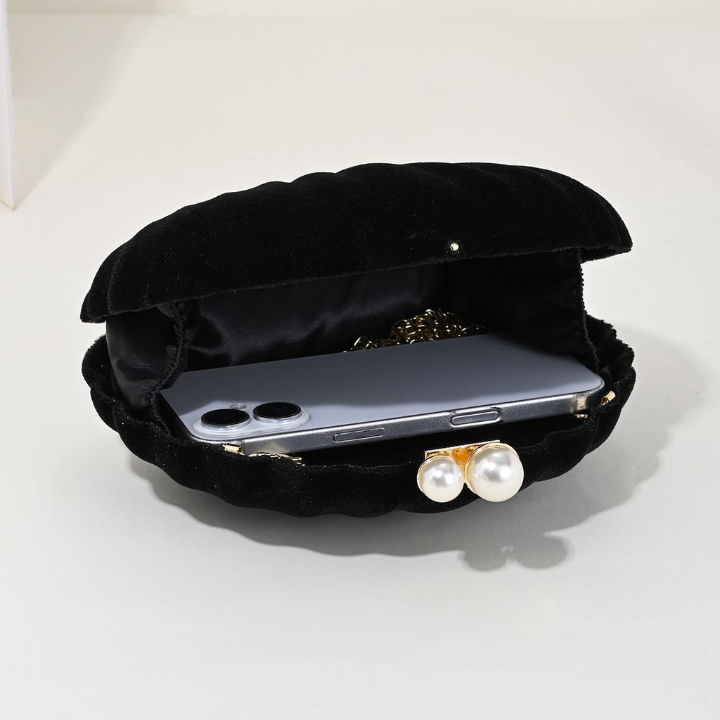 Shell Black Handbag Velvet Party Dinner Bag Pearl Clasp Clutch Bag Wedding Purse Crossbody Bag Velvet Women's Small Bags Gift