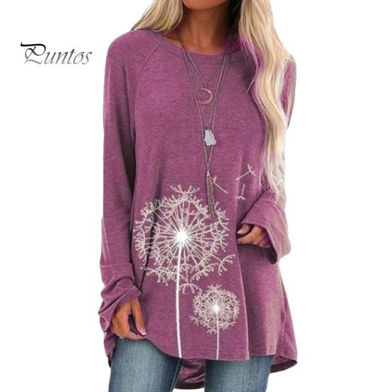 Damen-Tunika-Oberteil in Übergröße mit Löwenzahn-Print, Longline-Shirt, Rundhalsausschnitt, Langarm, Pullover, T-Shirt, lässige Bluse mit lockerer Passform für die Arbeit, den Alltag