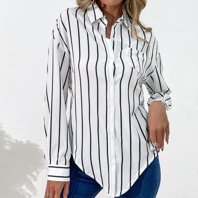 Damenmode, lässig, Streifendruck, langärmelig, POLO-Ausschnitt, lockere Blusen und Hemden