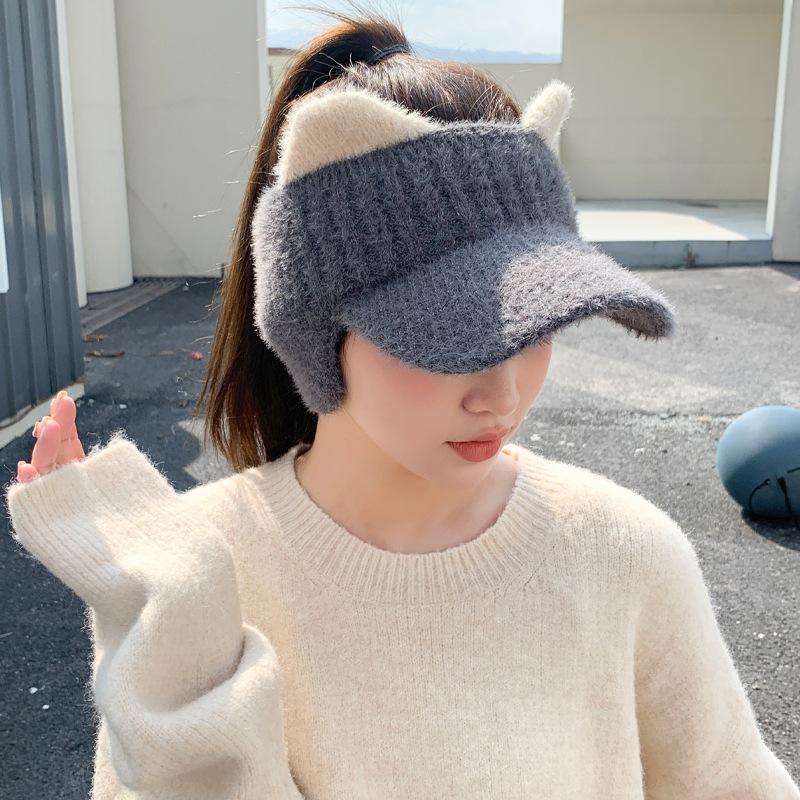 Women's New Style of Autumn and Winter Thickened Ear Protection and Cold-proof Knitted Wool Hat Warm Empty Top Plush Baseball Cap