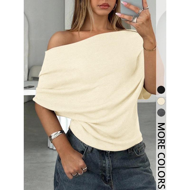 Summer 2026 Women's One-Shoulder Sexy Slim-Fit Batwing Sleeve T-Shirt