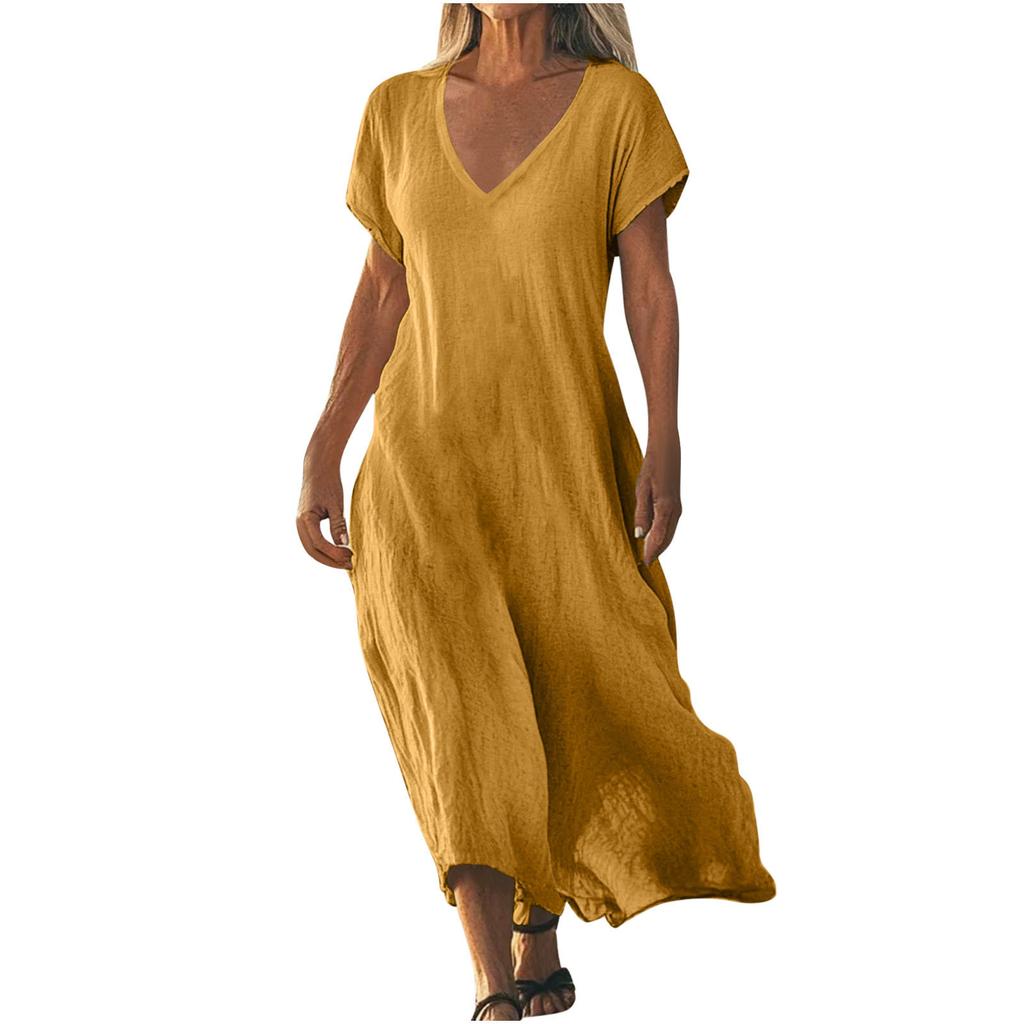 QICED Fashion Summer Spring Solid Color Print Short Sleeve V-Neck Casual Dresses