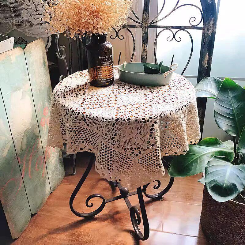 

American Retro Pastoral Style Fabric Woven Handmade Lace Crochet Tablecloth and Coffee Table Cloth Bedside Table Cover Towel Hexagonal flower lace beige] 65*65cm
