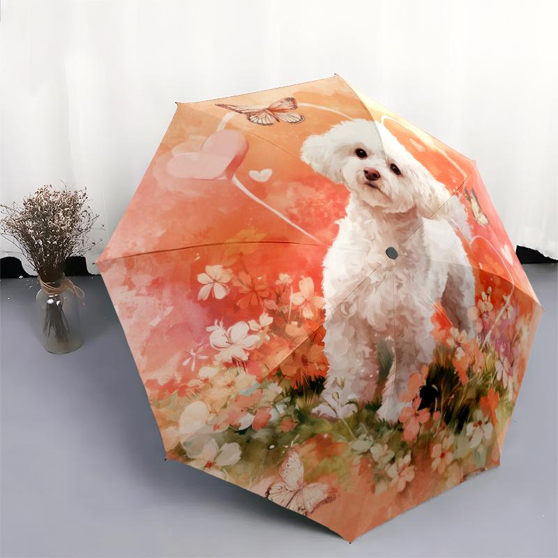 Pink Bichon pattern, automatic folding umbrella, portable and foldable design, 8 ribs, a Christmas or birthday gift.