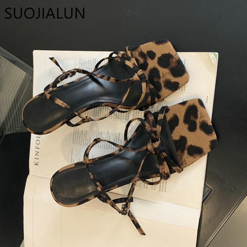 Moda SUOJIALUN 2025 Lato Nowa Marka Kobiety Sandały Moda Wąski Pasek Damskie Eleganckie Buty Gladiator Wysoki Koturn Sukienka Czółenka Slid