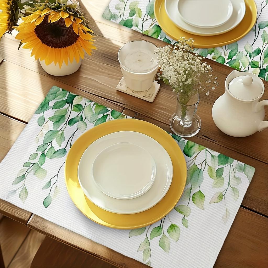 4pcs Set of Placemats - Fresh Green Leaves Vine Pattern Rectangular Kitchen Table Mats (12 inches x 18 inches), Suitable for Hol