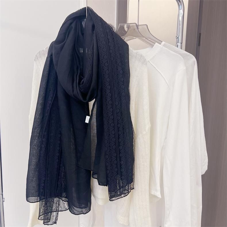 Korean Style Literary Linen Color Cotton Linen Thin Scarf Fashionable Women's Outer Shawl Spring and Summer Fashionable Solid Color Lace Scarf
