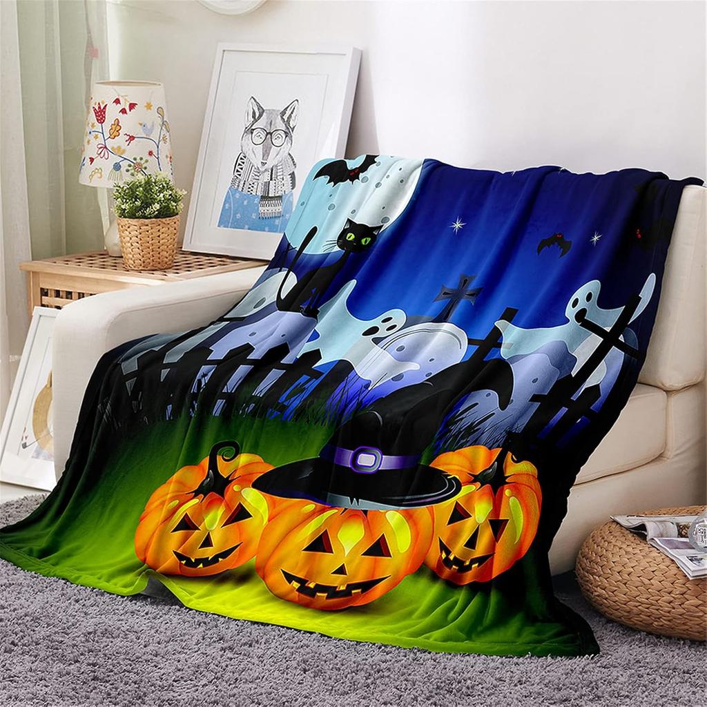 Halloween Bat Pumpkin Lantern Print Flannel Blanket Soft Warm Lightweight Cozy Fluffy Throw Blanket for Boys Girls Festival Gift