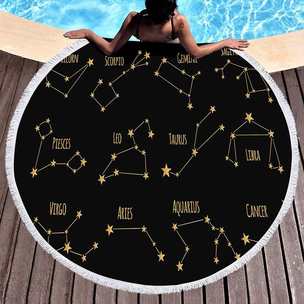 12 Constellation Round Beach Towel, Soft Microfiber Mystery Universe Galaxy Beach Towel Absorbent Towel for Travel Pool Picnic