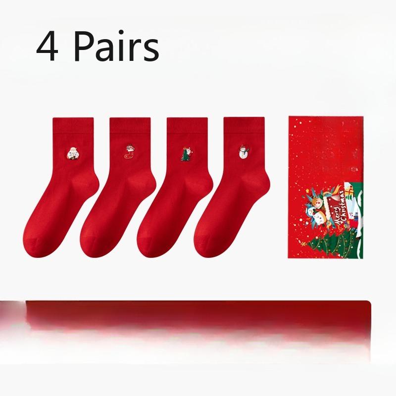 

4 pairs Christmas Stocking Couple Version, Red, Exquisite Hot Stamping, Limited Edition Gift Box, Christmas Elf Cartoon Character, Christmas Eve Socks 4 pairs