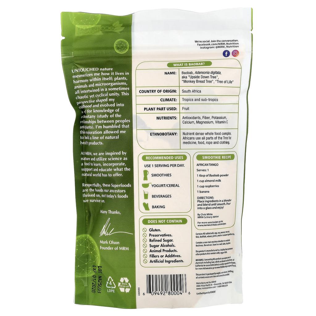 Organic Baobab Powder, 240G(8.5Oz)