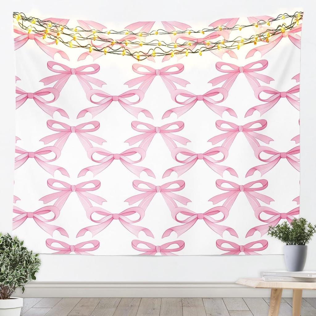 Chinoiserie Bow Tapestry Blue And White Floral Wall Art Pink Bow Wall Hanging Blanket For Living Room Bedroom Modern Aesthetics