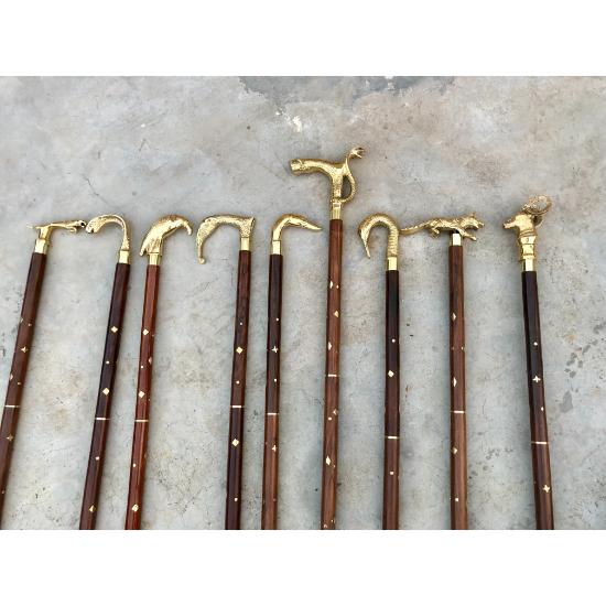 LOT of 9 Antik Pirinç Yürüme Bastonu Ahşap Baston Pirinç Kolu Topuzu Hediye