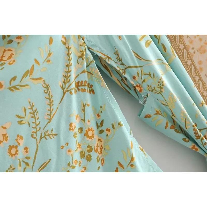 Moda Donna Stampa Floreale Verde Manica a Pipistrello Rayon Spiaggia Boemo Kimono Scollo a V Da Donna Robe Boho