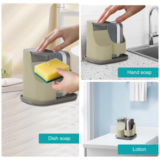 Dual Soap Dispenser with Sponge Holder Kitchen Sink Soap Pump Dispenser Set Countertop Hand Dish Soap Dispenser