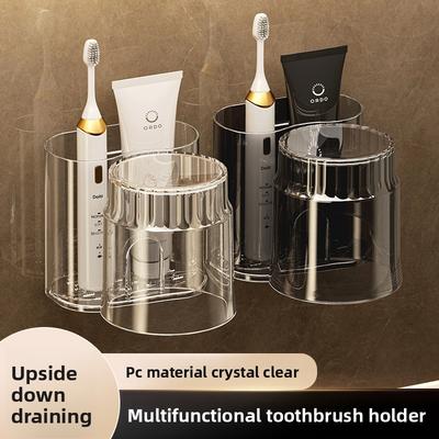 Wall-mounted Punch-free Toothbrush Holder with Cup for Bathroom Storage