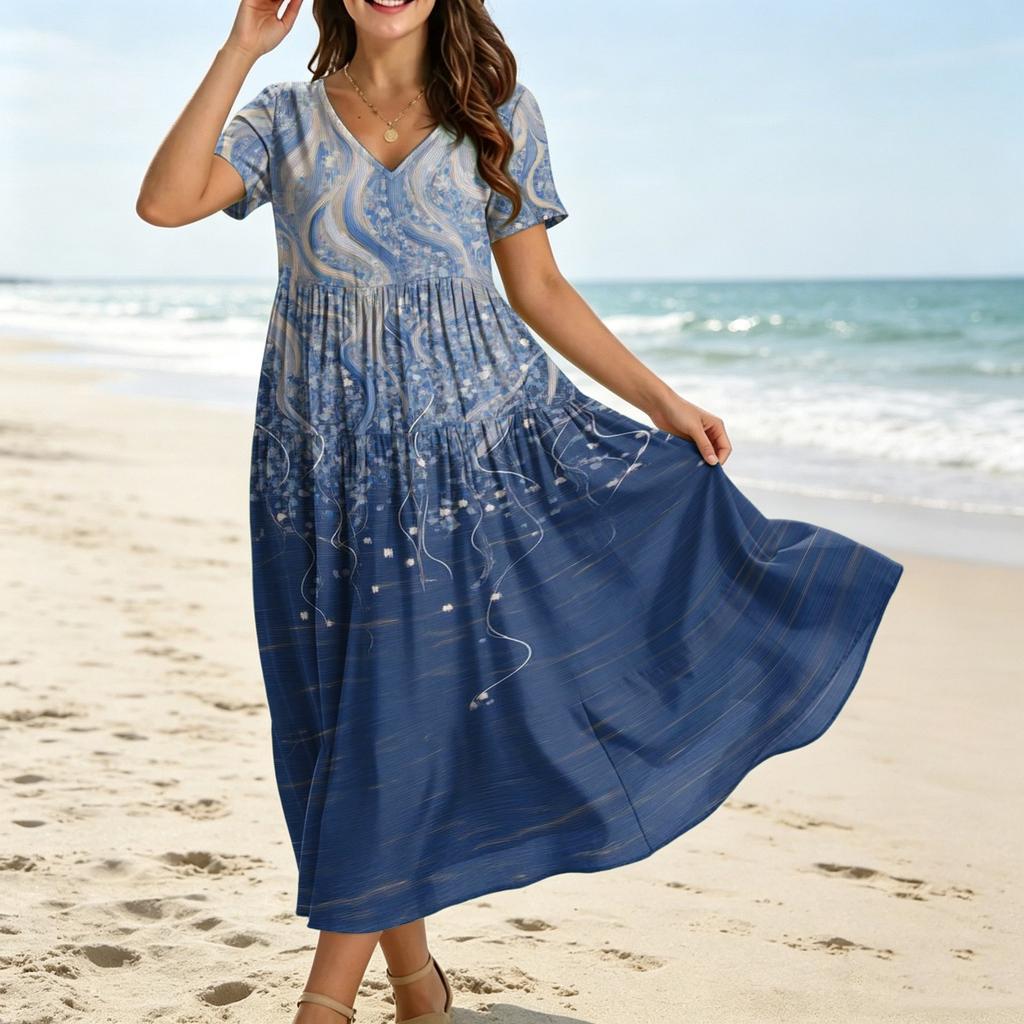 Damen Lässiges Bohème-Stil Lockere Passform Blumenprint Kurzarm V-Ausschnitt Maxikleid für den Alltag