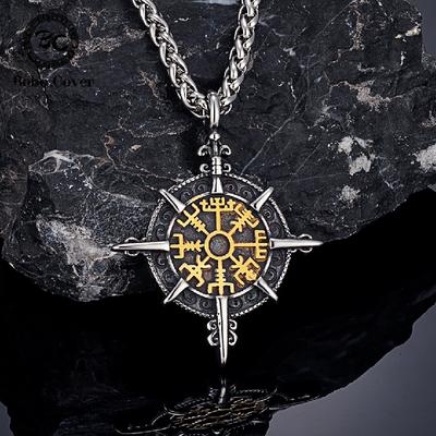 Retro Gold Vikings Compass Necklace Men Stainless Steel Norse Rune Amulet Pendant Vegvisir Jewelry