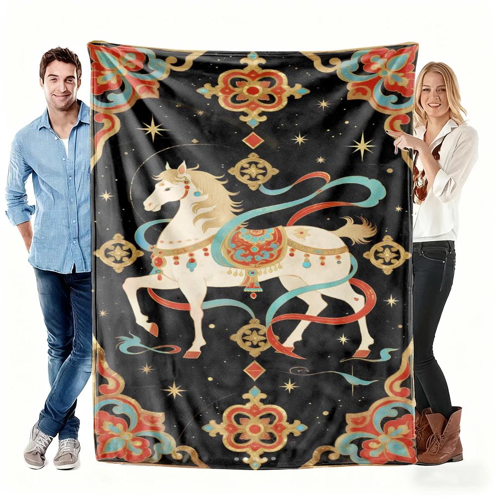 Lucky Golden Vintage Chinese Style White Horse Flannel Blanket Year of the Horse Festive Throw for Home Decor