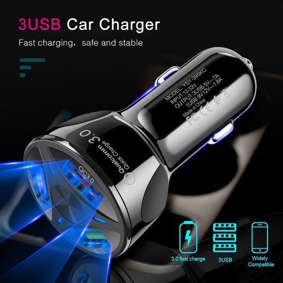 QC3.0 Fast Charging Car Charger 3-in-1 USB Charger Adapter for Mobile Phones