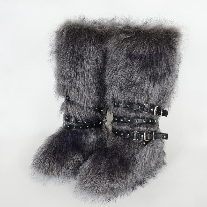 Damen Winterimitat Fuchsfell Stiefel Gürtel Punk Europäisch und Amerikanisch hoher Schaft 40 langer Schaft Schneestiefel Schuhe