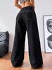 Puffanpop Women's Wide Leg Jeans, Contrast Stitching Detail Y2K Streetwear Mid Waist Black Wash Denim Pants, Street Commute Date Outfit Trousers