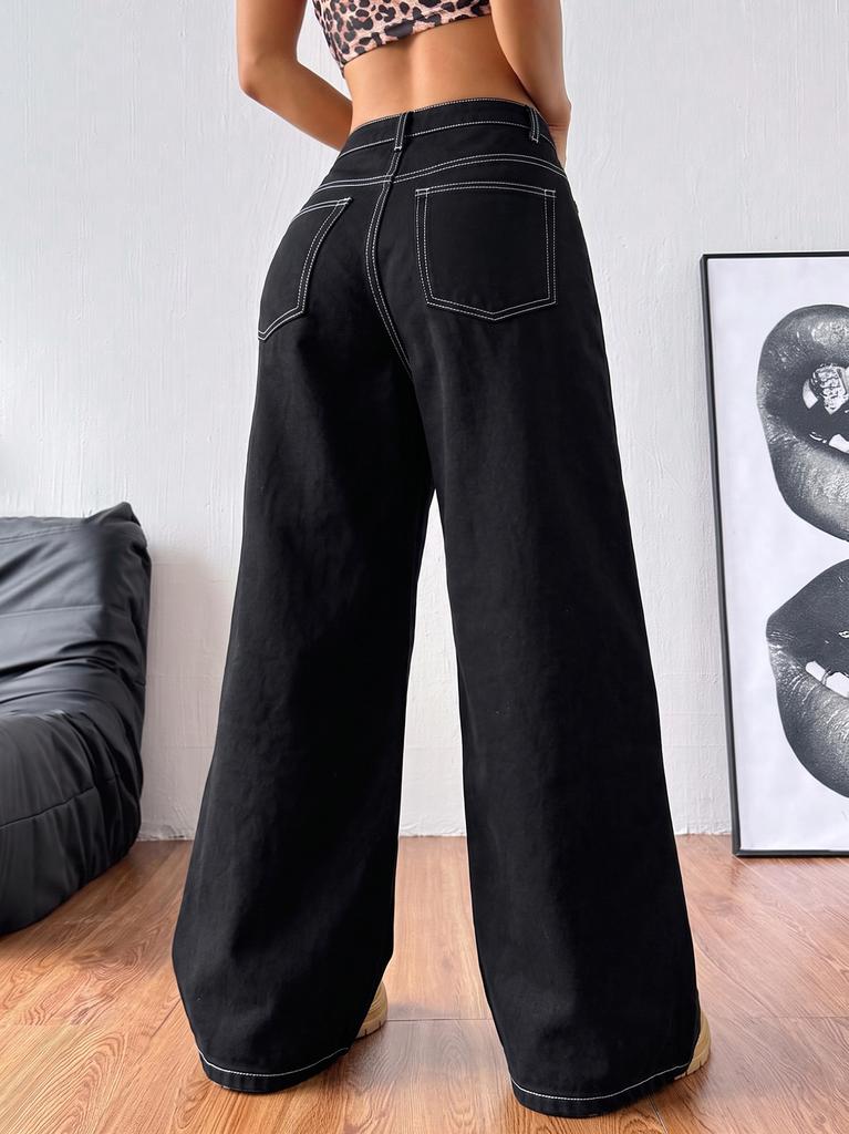 Puffanpop Women's Wide Leg Jeans, Contrast Stitching Detail Y2K Streetwear Mid Waist Black Wash Denim Pants, Street Commute Date Outfit Trousers