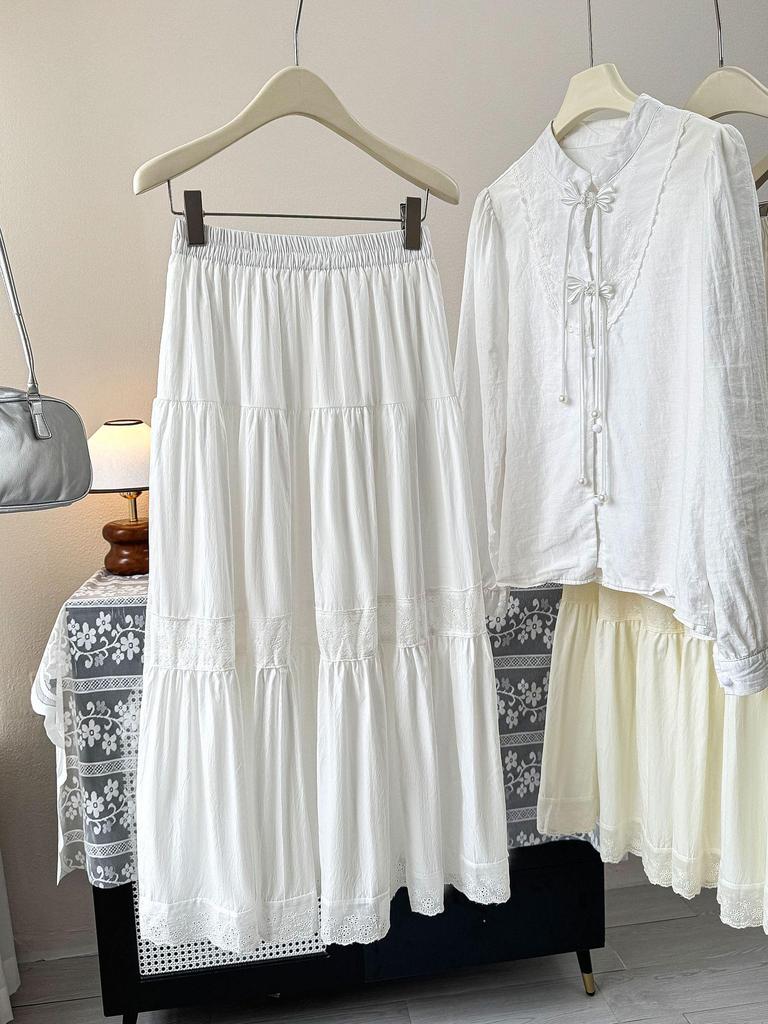 Elegant Hollow Lace Embroidery Patchwork High-Waisted A-Line Midi Skirt - 2026 Versatile Women's Fashion in White