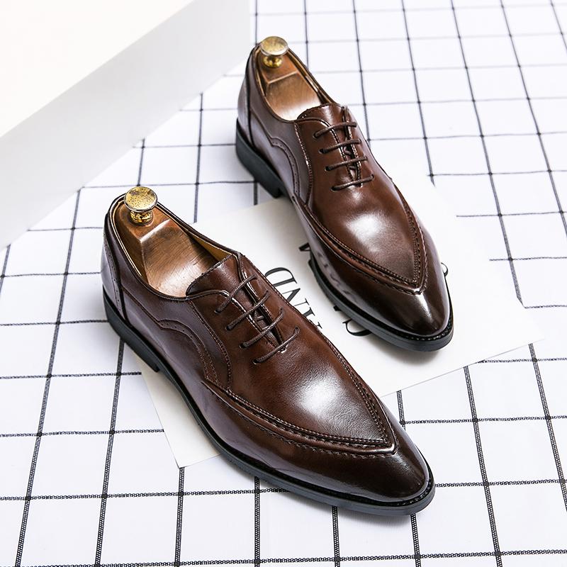 European Station Men Fashionable Derby Shoes Pointed Toe Classic Lace Business Wear Leather Shoes Black Brown 37-45 Men Shoes