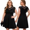 Plus Size Womens Lace Trimmed A-Line Dress With Fringe Detail Elegant Office Wear Milk Silk Fabric Sleeveless Round Neck Midi In Black