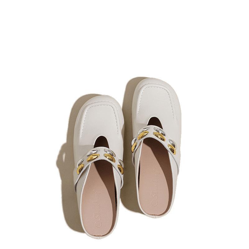 inner height increase pink bag head drag women's metal word with soft bottom half slippers summer outer wear round head shallow mouth sandals