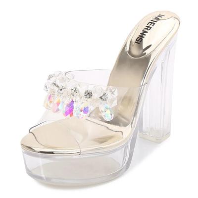 Women's Thick High Heels Crystal Transparent Sexy Rhinestone Fashion 13cm Heel 3.5cm Platform WZ