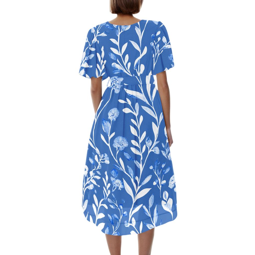 Women's Casual V Neck Short Sleeve Floral Print Dress Midi Length Wrap Style Summer Dress with Adjustable Waist Tie