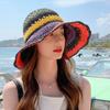 Handmade women's foldable bohemian seaside rainbow color block bucket hat, sun-shading and face-slimming trendy hat