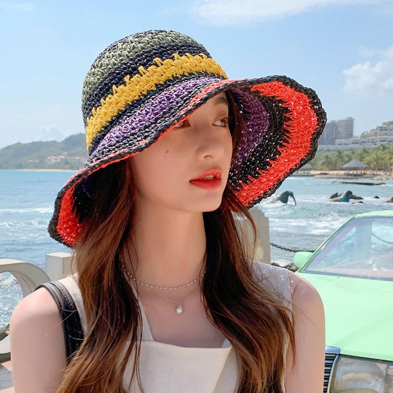 Handmade women's foldable bohemian seaside rainbow color block bucket hat, sun-shading and face-slimming trendy hat