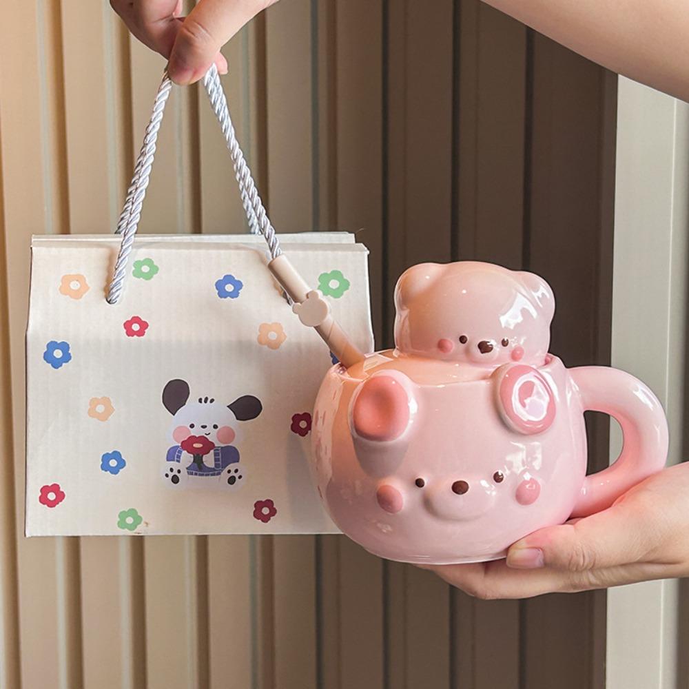 Ins krémový medvěd brčko kelímek dívka roztomilý keramický hrnek s víčkem domácí pitný kelímek dárek k narozeninám