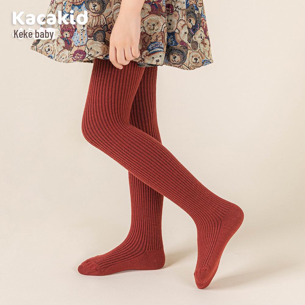 "Carefully Selected Girls' Thick Brushed Cotton Tights - Warm Solid Colors for Autumn & Winter"