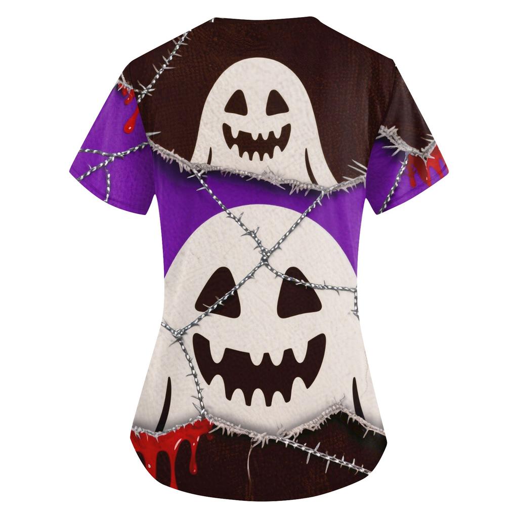 Women's Printing Uniform Work Uniform V-neck Pockets Basic Short Sleeve Pullover Top