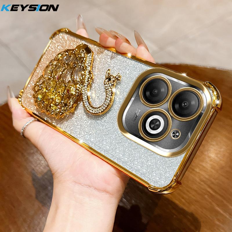 

KEYSION Shockproof Plating TPU Phone Case forTECNO Spark Go 2024 20 20C Glitter Jewelled Swan kickstand Back Cover for Tecno Pop 8 for Tecno Pop 8 золотий