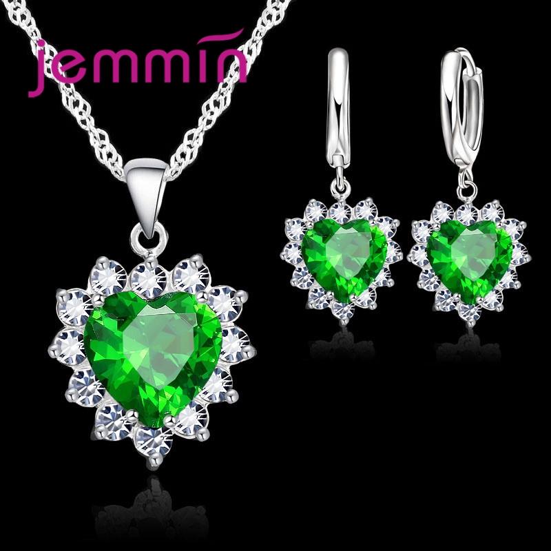 Top Sale Wding Engagement Anniversary Gift Zircon Sets 925 Copper Color Stamped Heart Pendant Hoop Earrings for Women Girls