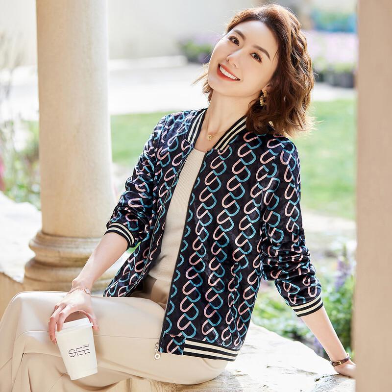 Women s Floral Print Baseball Collar Zipper Jacket 4XL