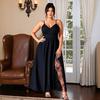Women Plus Size Solid Color A Line Maxi Dress V Neck Wrap Floral Mesh Slit Wedding Guest